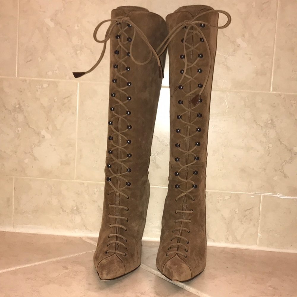 Beige lace-up stiletto boot